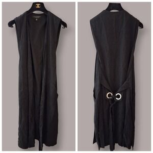 Shelli Segal Gothic Black Long Vest Duster Open Sides Pockets Oversized XS